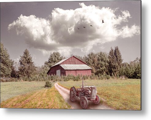 Barn Metal Print featuring the photograph Red Tractor on the Farmhouse Trail by Debra and Dave Vanderlaan