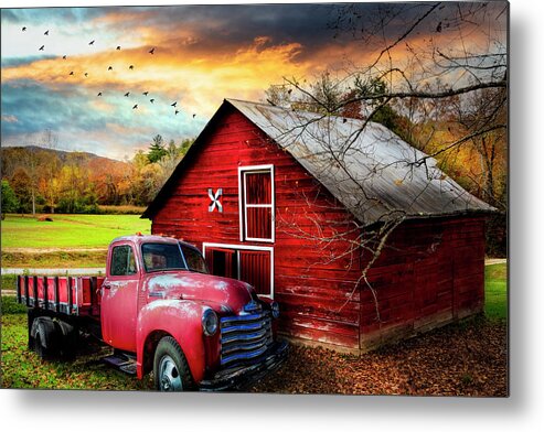 Barns Metal Print featuring the photograph Red Truck and Red Barn under Sunset Skies by Debra and Dave Vanderlaan