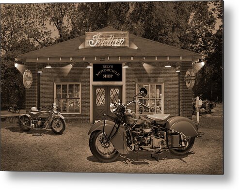 Indian Motorcycles Metal Print featuring the photograph Reds Motorcycle Shop S by Mike McGlothlen