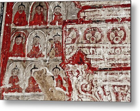 Birman Metal Print featuring the photograph Repeating patterns, ancient painted fresco of Buddha, Myanmar by Lie Yim