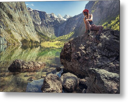 Tranquility Metal Print featuring the photograph Resting Women in Bavaria Berchtesgaden Obersee Koenigssee by Martinwimmer