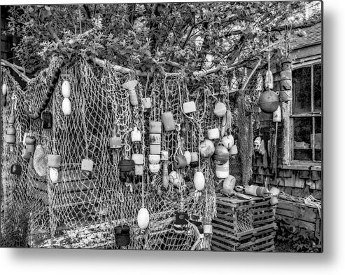 Bradley Wharf Metal Print featuring the photograph Rockport Fishing Net And Buoys BW by Susan Candelario