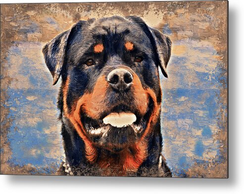 Rottweiler Dog Metal Print featuring the digital art Rottweiler dog portrait - impasto oil painting by Nicko Prints