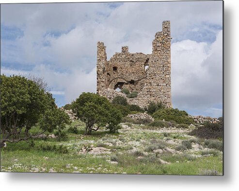 Scenics Metal Print featuring the photograph Ruins of the abandoned Dothia tower near Emporios village on Greek Island of Chios in springtime by Silkfactory