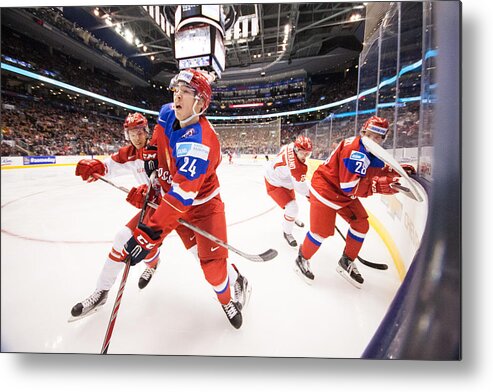 People Metal Print featuring the photograph Russia V Denmark - 2015 IIHF World Junior Championship by Dennis Pajot