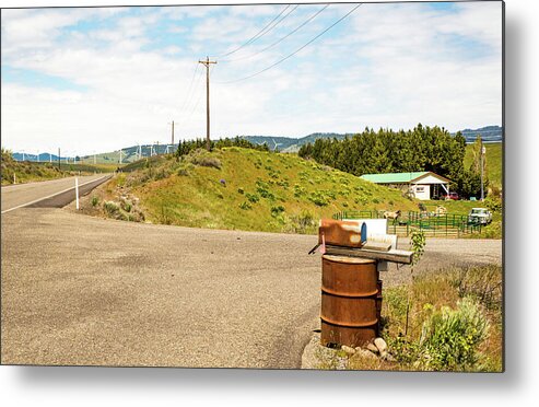 Rusty Mail Box And Wind Turbines Metal Print featuring the photograph Rusty Mail Box and Wind Turbines by Tom Cochran