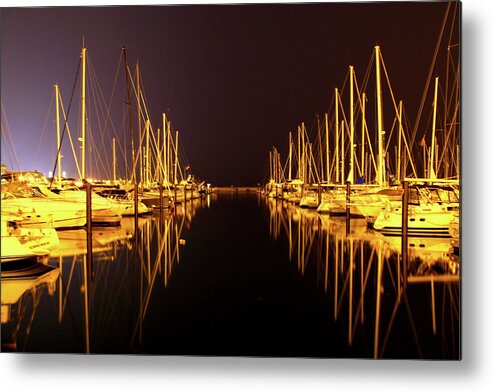 Waterscape Metal Print featuring the photograph Sail Boat Lights Night Monroe Harbor by Patrick Malon