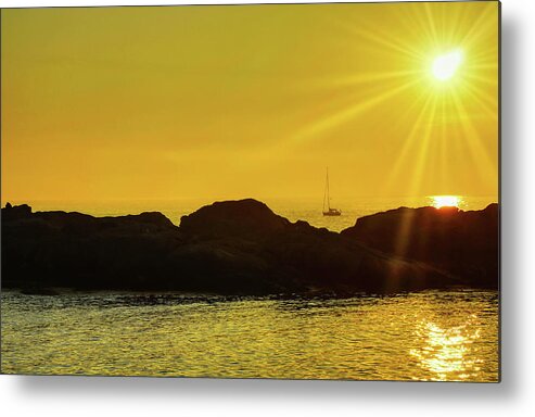 Sunrise Metal Print featuring the photograph Sailboat At Nubble Lighthouse by Deb Bryce
