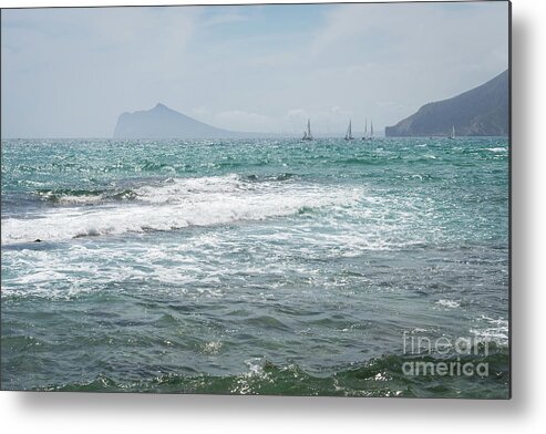 Mediterranean Coast Metal Print featuring the photograph Waves and sailboats on the Mediterranean coast by Adriana Mueller