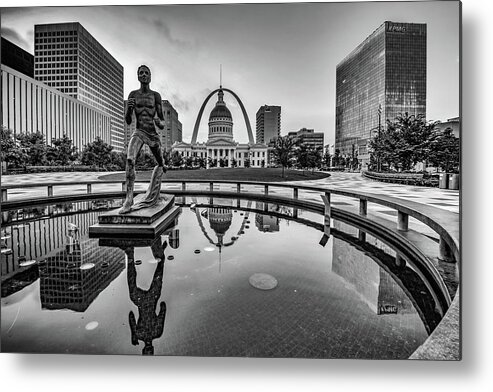 Saint Louis Metal Print featuring the photograph Saint Louis Skyline and Gateway Arch Reflections Over Kiener Plaza Fountain - Black and White by Gregory Ballos