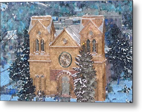 Church Metal Print featuring the digital art Santa Fe Cathedral in Snow by Aerial Santa Fe