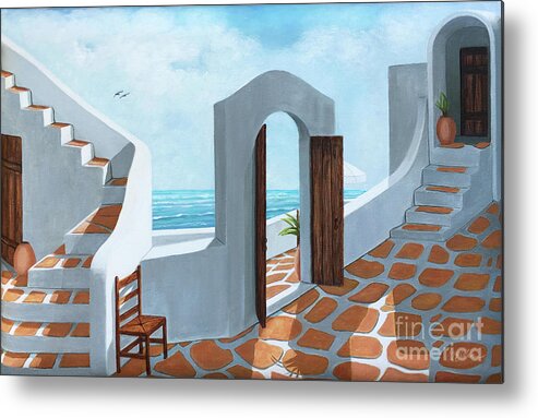 Santorini Metal Print featuring the painting SANTORINI VIEW - Original Oil Painting and Prints by Mary Grden