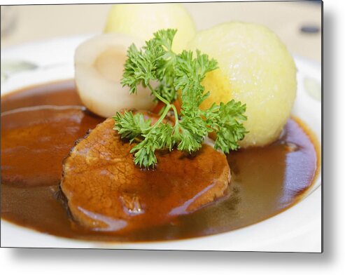 Rothenburg Metal Print featuring the photograph Sauerbraten, marinated beef with dumblings by Wilfried Krecichwost