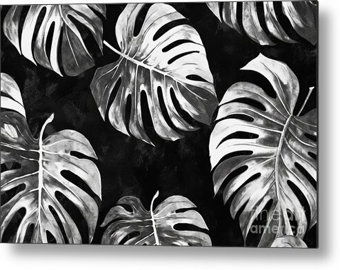 Seamless Metal Print featuring the painting Seamless Painted Monstera Jungle Leaves Black And White Artistic Acrylic Paint Texture Background Tileable Creative Grunge Monochrome Hand Drawn Fall Foliage Motif Wallpaper Surface Pattern Design by N Akkash