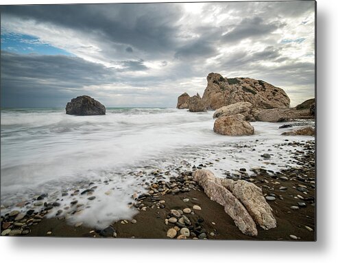 Seascape Metal Print featuring the photograph Seascape with windy waves splashing at the rocky coastal area. by Michalakis Ppalis