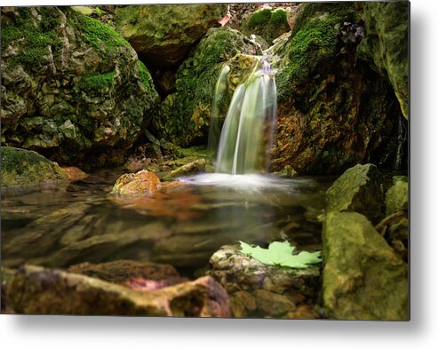 Faery Metal Print featuring the photograph Secret Faery World - Small waterfall in forest at Blue Mound State Park Wisconsin by Peter Herman