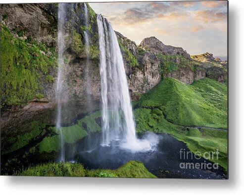 Iceland Metal Print featuring the photograph Seljalandsfoss waterfall at sunrise, Iceland by Delphimages Photo Creations