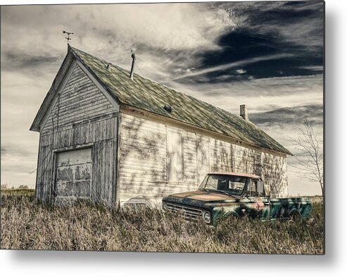 67 Chevy Metal Print featuring the photograph Sequestered - 1967 chevy pickup behind an old one-room schoolhouse converted to shed by Peter Herman