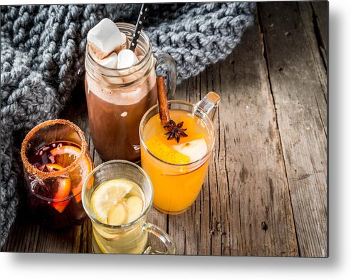 Orange Color Metal Print featuring the photograph Set of 4 autumn drinks by Rimma_Bondarenko