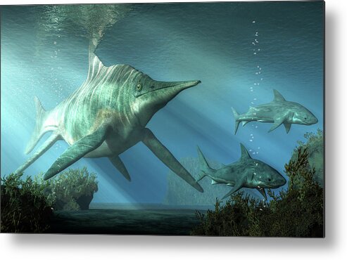 Shastasaurus Metal Print featuring the digital art Shastasaurus Chasing Sharks by Daniel Eskridge
