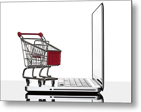 White Background Metal Print featuring the photograph Shopping cart and laptop computer still life by David Crockett