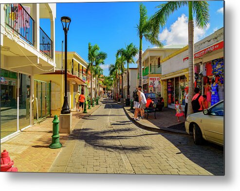 Trees; Travel; People; Color; Skies; Clouds Metal Print featuring the photograph Shopping in Saint Maarten by AE Jones