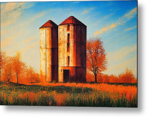 Landscape Metal Print featuring the digital art Sibling Silos At Sunset by Craig Boehman