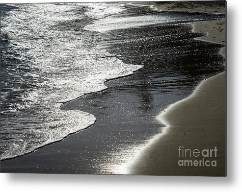 Sandy Beach Metal Print featuring the photograph Silver sea water meets sand 1, Mediterranean coast by Adriana Mueller