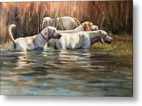 Hounds Dogs Painting Portrait Foxhounds Water Contemporary Metal Print featuring the painting Skinny Dipping by Susan Bradbury
