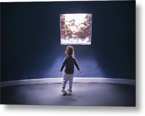 Education Metal Print featuring the photograph Small girl looking at aquarium by Stanislaw Pytel