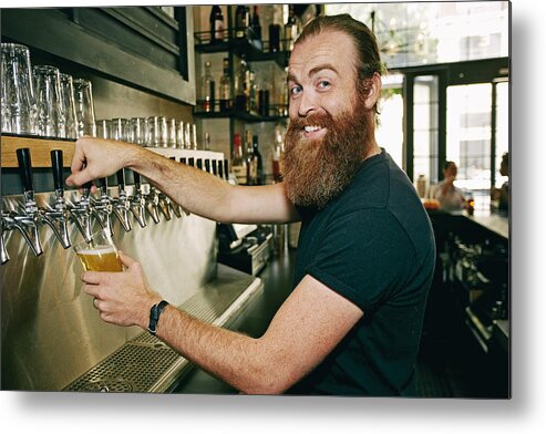Adults Only Metal Print featuring the photograph Smiling Caucasian bartender pouring beer by Peathegee Inc