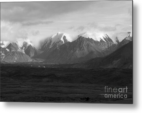 Alaska Range Metal Print featuring the photograph Snow Capped Mountains in Denali National Park in Black and White by L Bosco
