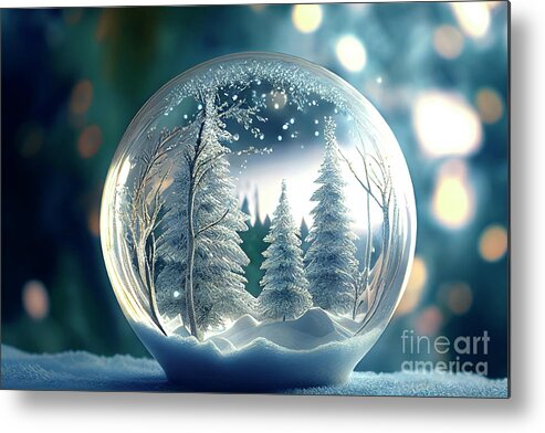 Winter Metal Print featuring the digital art Snowy glass ball with winter forest covered with snow. Holiday s by Jelena Jovanovic