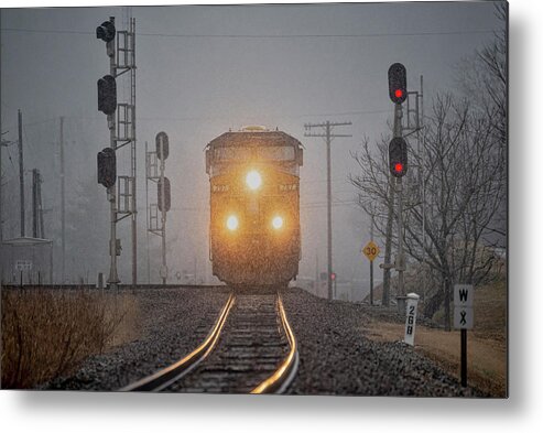 Railroad Metal Print featuring the photograph Southbound CSX at Mortons Junction during a snow squaw by Jim Pearson