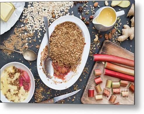 Rhubarb Crumble Metal Print featuring the photograph Spiced Rhubarb Crumble and Custard by Tim Gainey