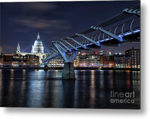 London Metal Print featuring the photograph St Paul's Cathedral and the Millennium Bridge at night by Jane Rix