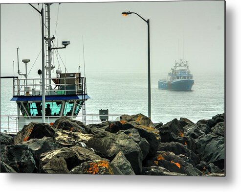 Foggy Lighthouse Boars Head Tiverton Nova Scotia Canada Sea Ocean Bay Of Fundy Trees Mist Fog Petit Passage Passage Provider Metal Print featuring the photograph Stand Off by David Matthews