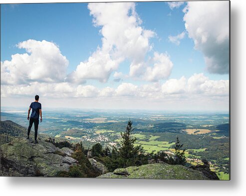 Outdoor Metal Print featuring the photograph Standing on a rock in Jizera mountains by Vaclav Sonnek