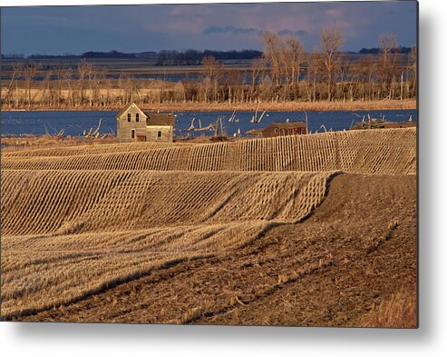Abandoned Metal Print featuring the photograph Stensbe Stubble Sunset - Abandoned farm with Devils Lake in background by Peter Herman