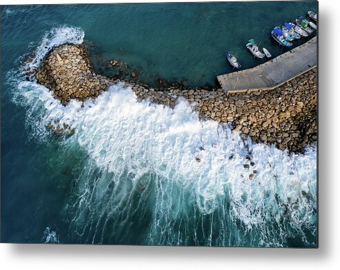 Brakewater Metal Print featuring the photograph Stormy windy waves on the shore. Drone photography. by Michalakis Ppalis