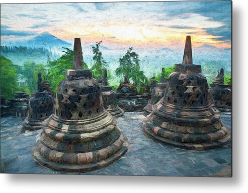 Buddha Metal Print featuring the digital art Stupas At The Borobudur Temple Painterly Style by Joseph S Giacalone