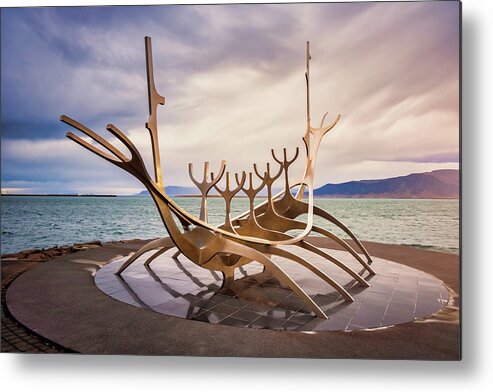 Sun Voyager Metal Print featuring the photograph Sun Voyager The Viking Ship in Reykjavik Iceland by Alexios Ntounas
