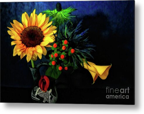 Sunflower Metal Print featuring the photograph Sunflower and Calla Lilies by Diana Mary Sharpton