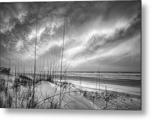 Black Metal Print featuring the photograph Sunrise Ocean Breezes Black and White by Debra and Dave Vanderlaan