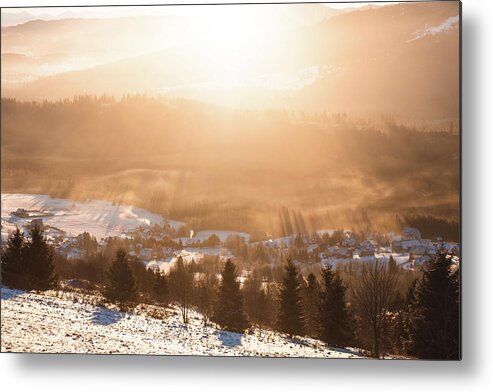 Landscape Metal Print featuring the photograph Sun's rays pass in the morning mist by Vaclav Sonnek