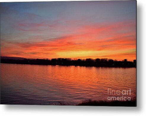 Nature Metal Print featuring the photograph Sunset draped in vermilion over the river by Leonida Arte