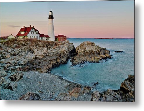Lighthouse Metal Print featuring the photograph Sunset in Cape Elizabeth Maine by Frozen in Time Fine Art Photography
