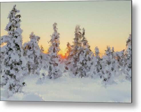 Winter Metal Print featuring the painting Sunset in Winter Forest by Alex Mir