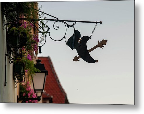  Metal Print featuring the photograph Sunset Walks In Durnstein. Forged Sign with Shoe by Jenny Rainbow