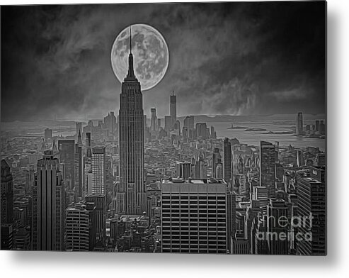Nyc Metal Print featuring the photograph Super Moon Empire State Building BW Art Deco NYC by Chuck Kuhn